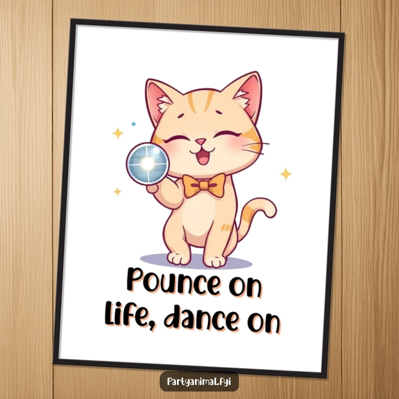 Funny Free Printable Wall Art: A cat sporting a bow tie, energetically batting at a shimmering disco ball under party lights.