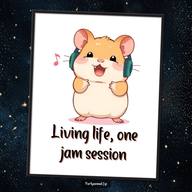 Funny Free Printable Hamster Wall Art: A happy hamster wearing tiny headphones, bouncing to music.