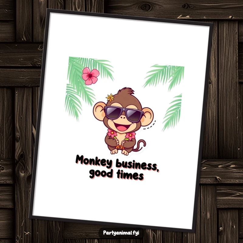 Vibrant free printable wall art of a joyful monkey character wearing sunglasses and a lei, embodying cool tropical vibes.