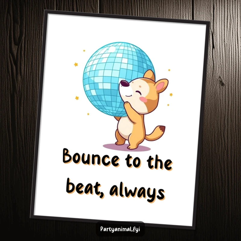 Funny Free Printable Wall Art: Animal character energetically bouncing a giant disco ball with its nose, bringing a vibrant, retro feel. Downloadable art.