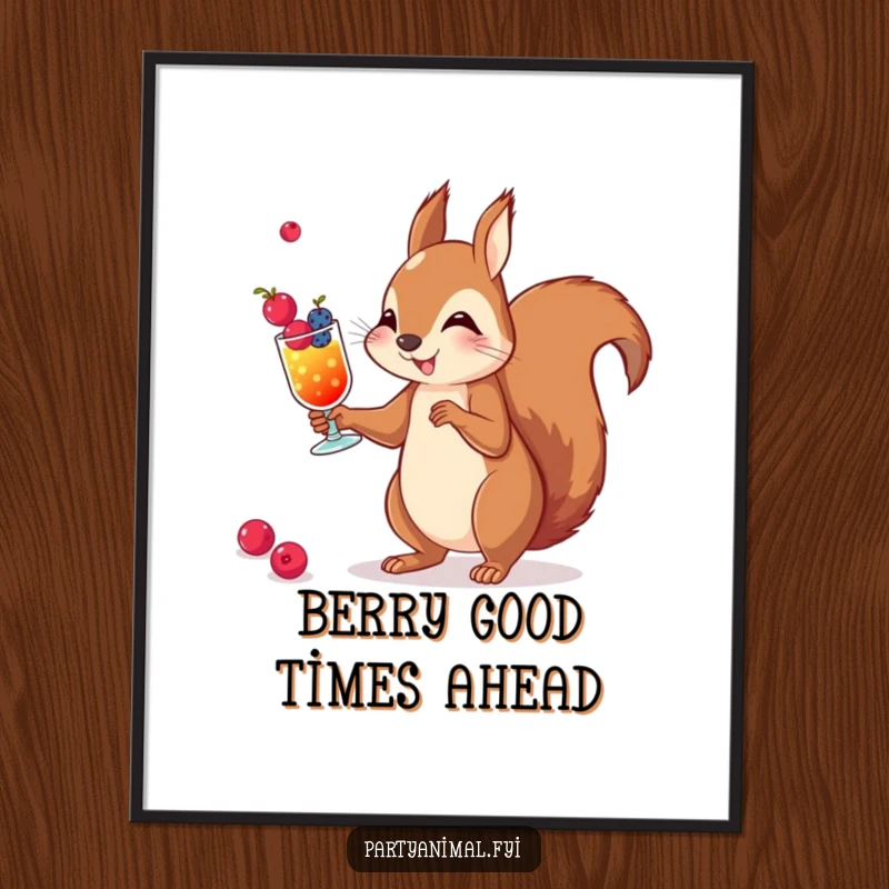 Free printable wall art depicting a playful squirrel expertly juggling miniature cocktails made of bright berries, full of charm.