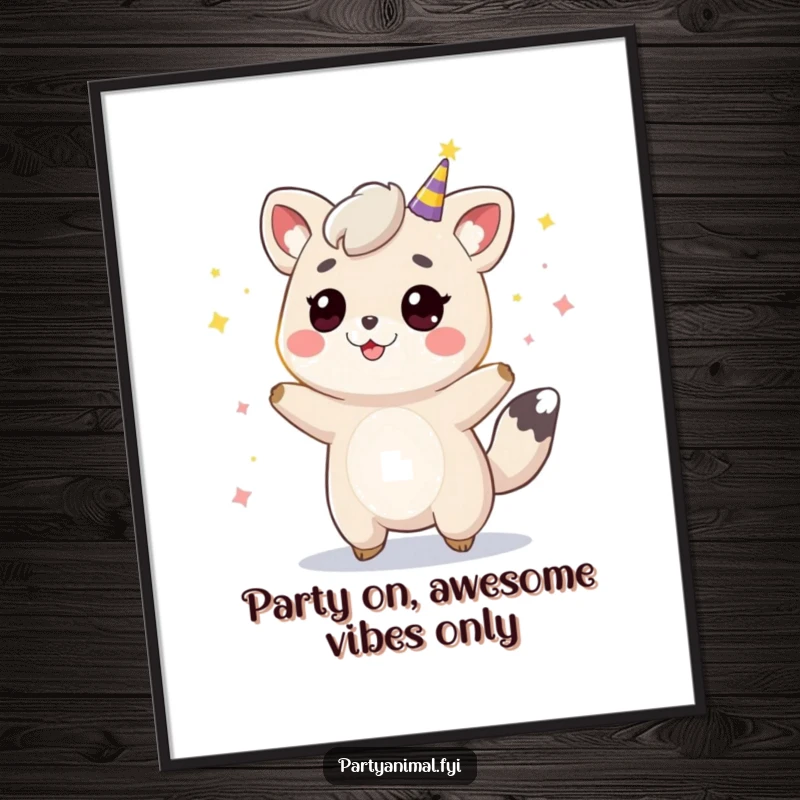 Funny Free Printable Wall Art: A lively animal character bounces energetically, surrounded by dazzling and colorful party lights.