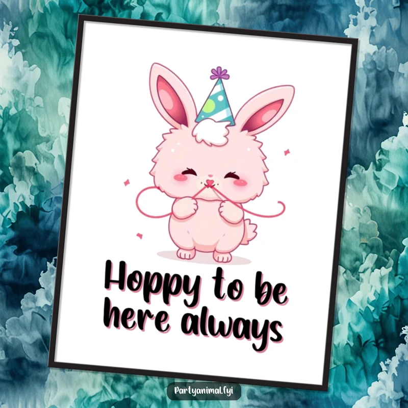 Funny Free Printable Wall Art: A fluffy pink bunny character wearing a party hat, blowing a streamer.