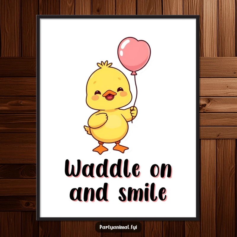 Funny Free Printable Wall Art: A cheerful yellow duck character holding a balloon, bobbing its head.