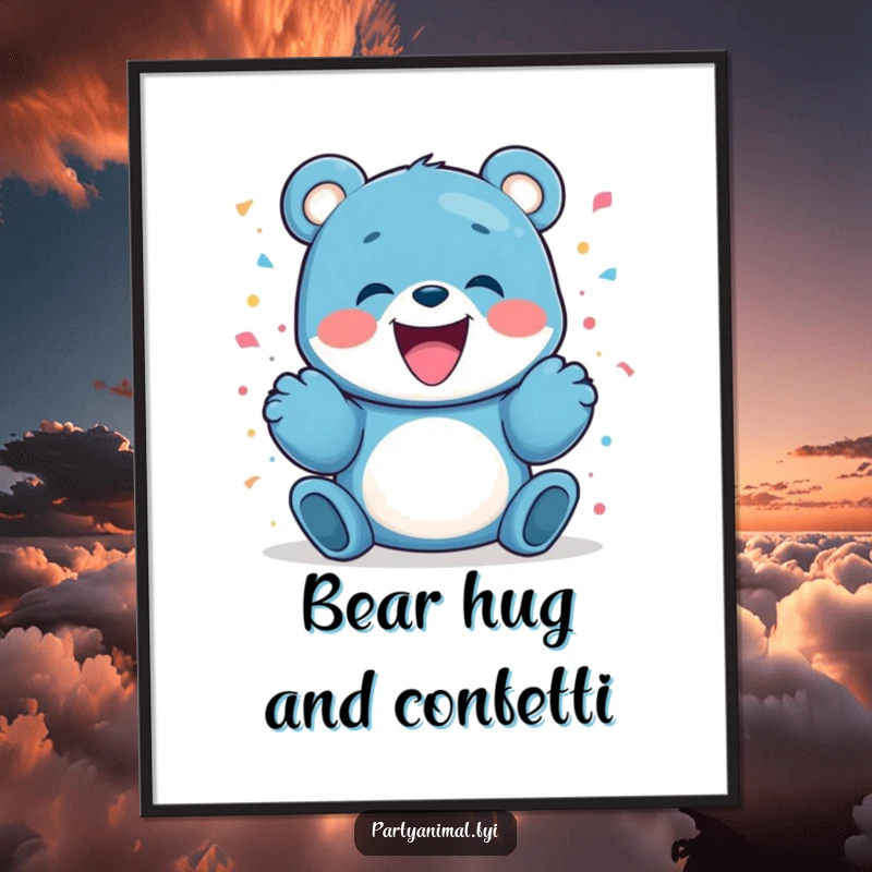 Funny Free Printable Wall Art: A blue bear character gleefully launching confetti from its paws.