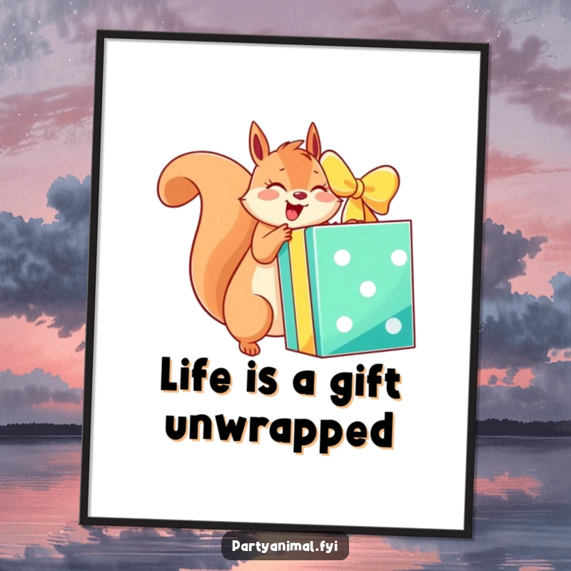 Funny Free Printable Wall Art: An energetic squirrel joyfully unwraps a giant, brightly colored gift box, creating a scene of pure excitement.