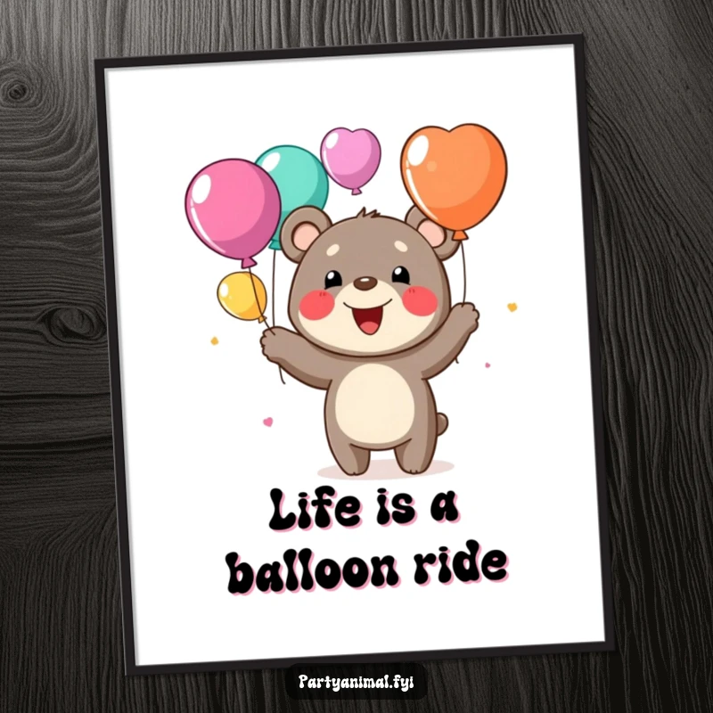 Funny Free Printable Wall Art: A cheerful bear with a wide grin masterfully juggles colorful balloons, creating a whimsical and funny piece.