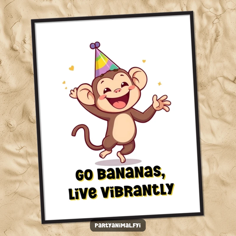 Funny Free Printable Wall Art: A jubilant monkey with a silly hat, dancing wildly, bringing vibrant, hilarious energy to any room.