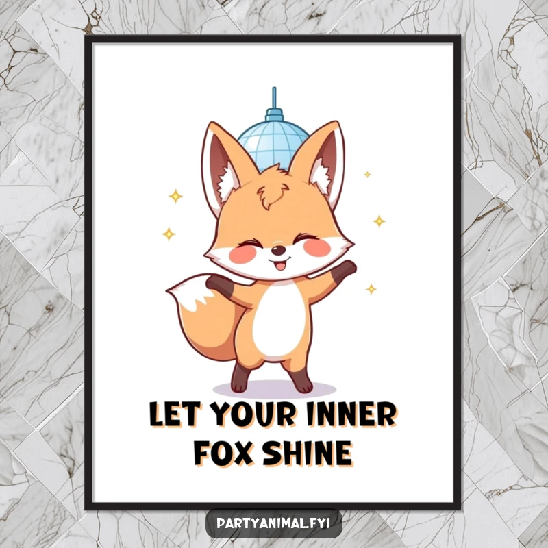 Funny Free Printable Wall Art: A giggling fox dances ecstatically under a shimmering disco mirror ball, creating a vibrant and humorous scene.