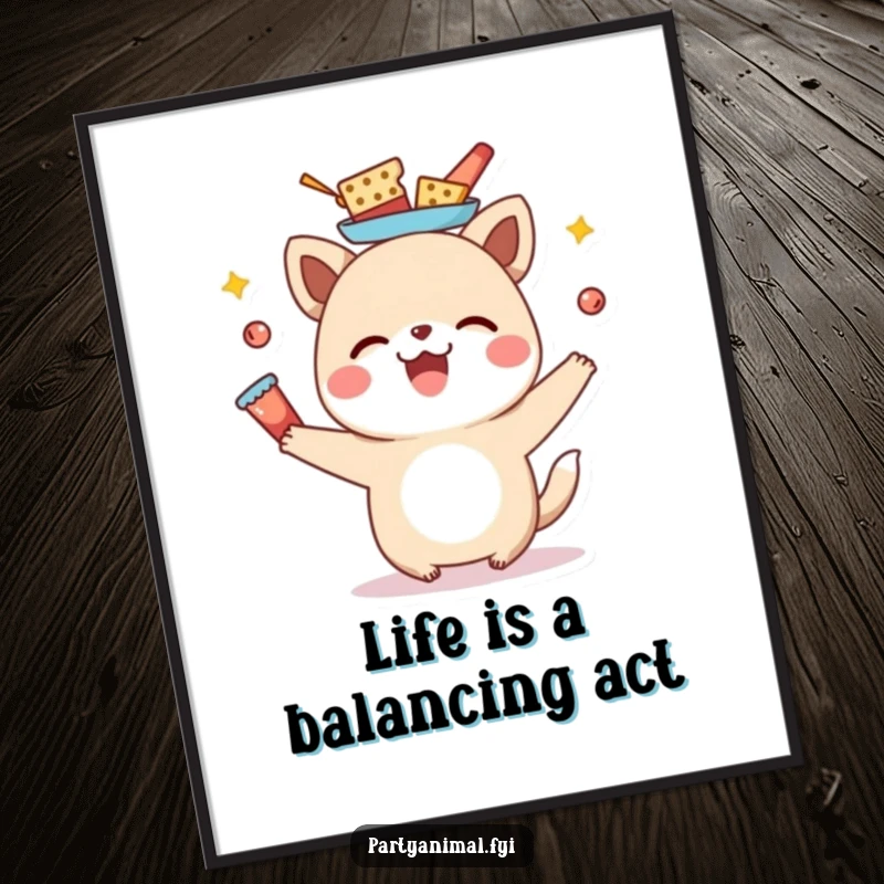 Funny Free Printable Wall Art: A joyful animal character skillfully balancing a stack of snacks on its head, creating a whimsical scene.