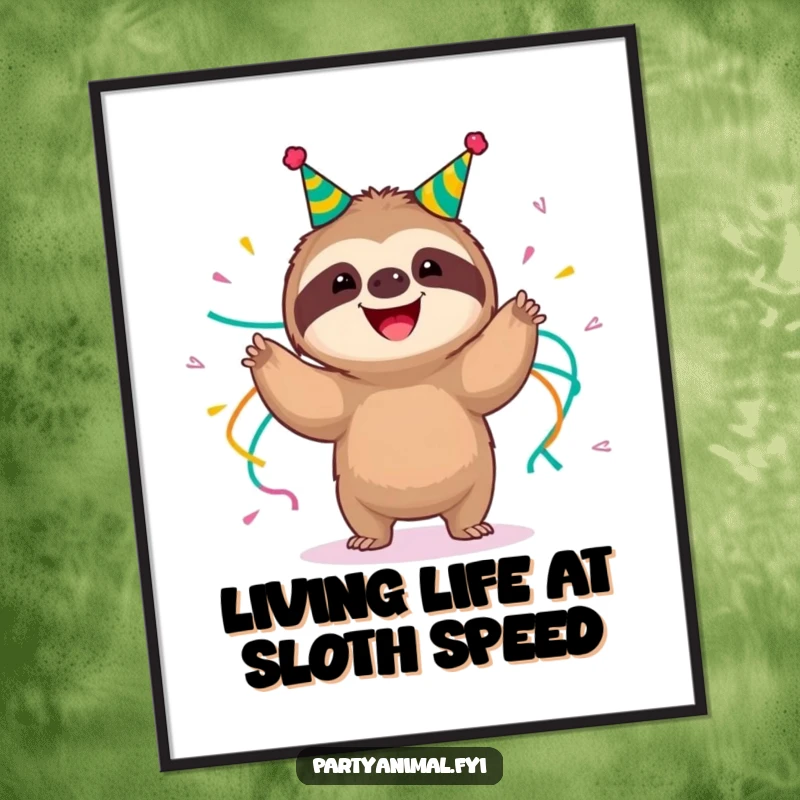 Funny Free Printable Wall Art: A happy sloth adorned with streamers, doing a hilariously slow-motion shimmy, radiating relaxed, comedic vibes.