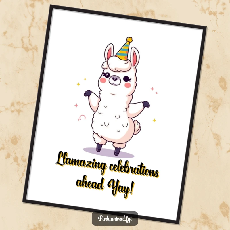 Funny free printable wall art of a winking llama character dancing energetically with a large, sparkling party horn, bringing a festive vibe.