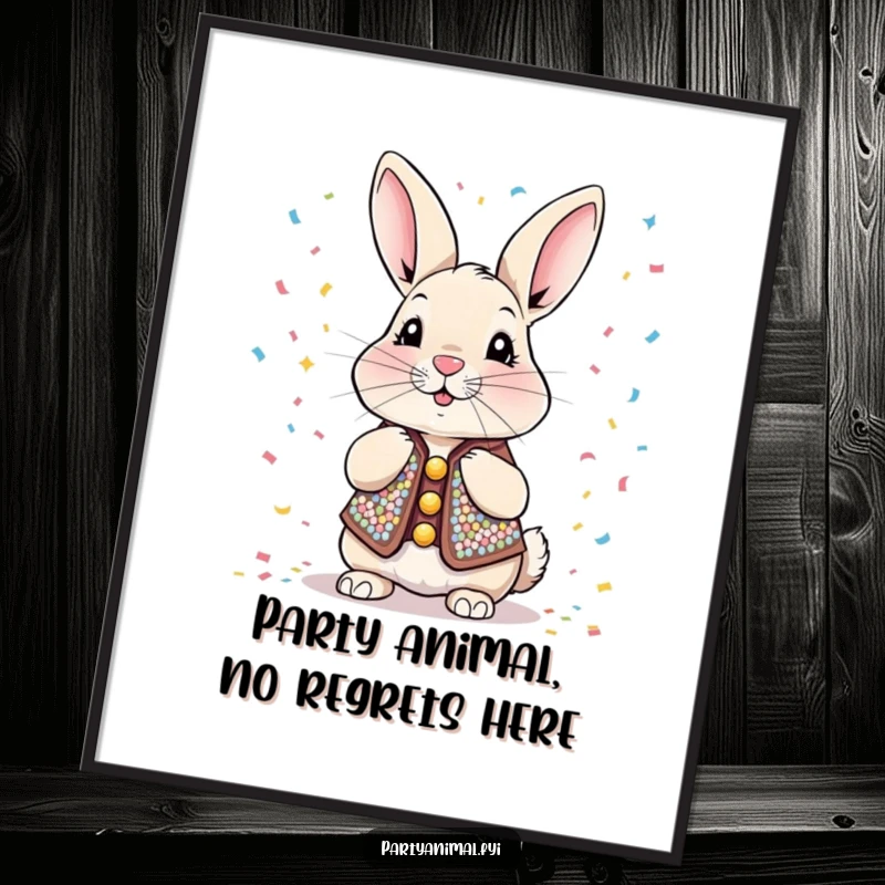 Funny Free Printable Rabbit Wall Art: A focused rabbit in a dazzling sequined vest blowing confetti.