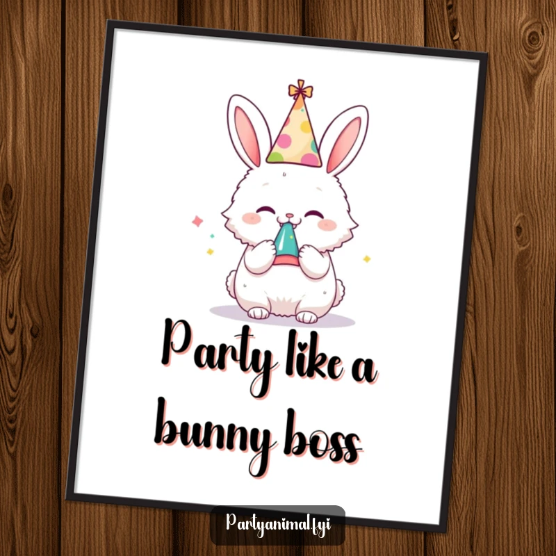 Funny Free Printable Wall Art: A fluffy bunny in a party hat enthusiastically blows a noisemaker, creating a festive and humorous scene.