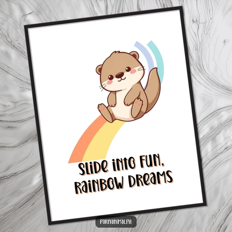 Funny Free Printable Wall Art of a joyful otter character casually sliding down a bright rainbow made of streamers.