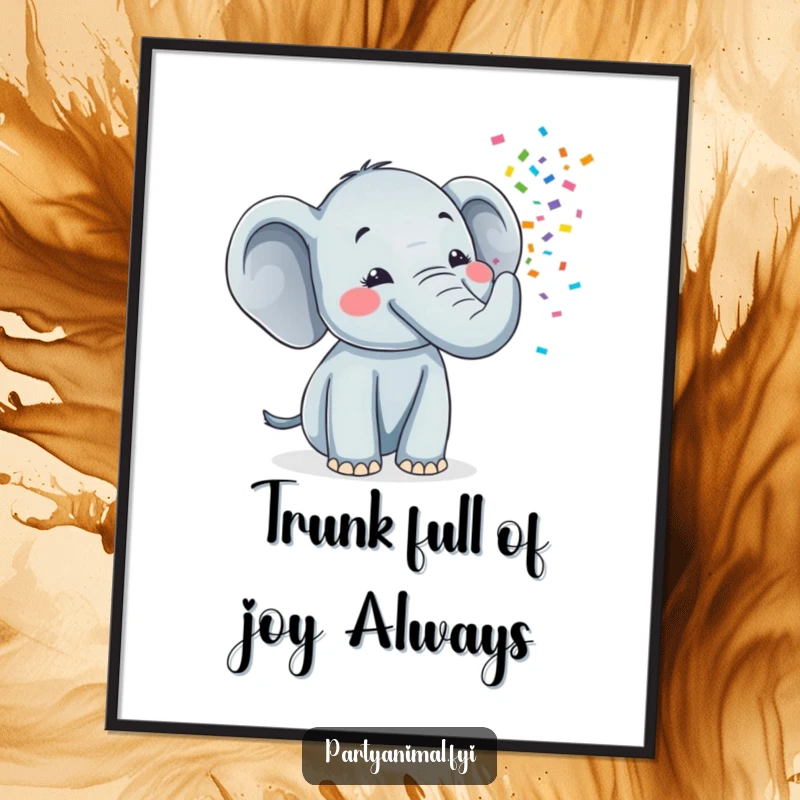 Funny free printable wall art of a cheerful elephant blowing a vibrant stream of colorful confetti from its trunk, creating a festive atmosphere.