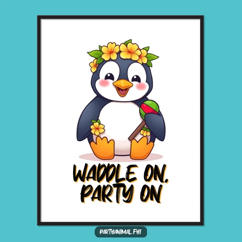 Free Printable Wall Art: Cheerful Penguin Tropical Fiesta Art