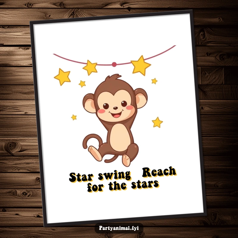Free Printable wall art of a happy Kawaii monkey swinging energetically from a garland of shiny stars, full of zest.
