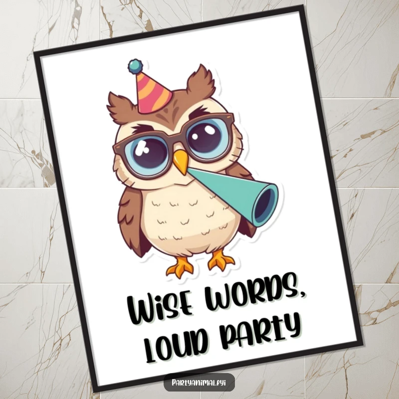 Funny Free Printable Wall Art: A smiling owl in oversized glasses, letting out a joyous blast from a party horn.