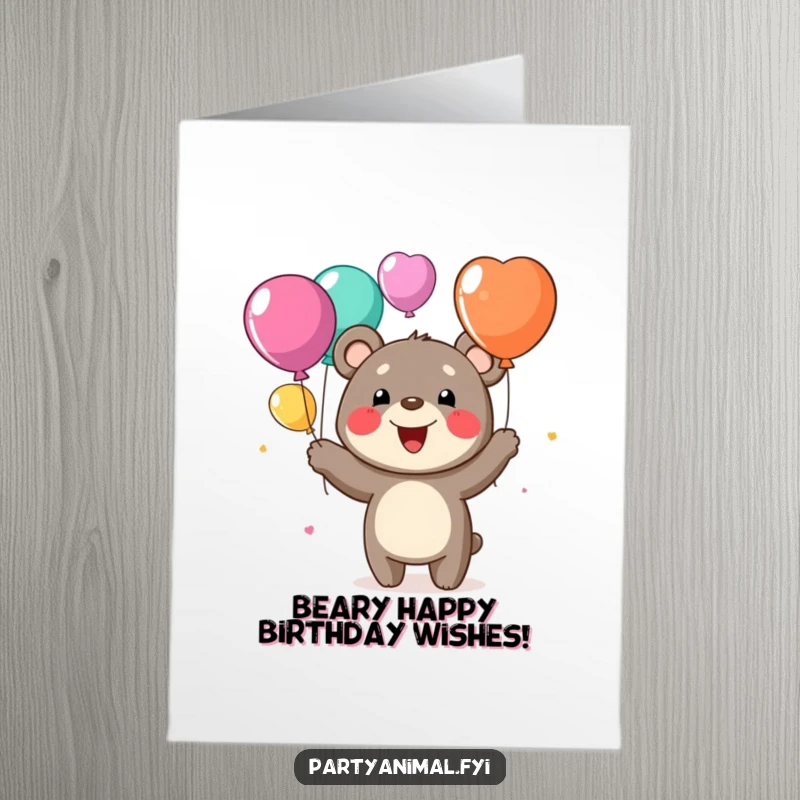 Funny Free Printable Birthday Card: A cheerful bear with a wide grin expertly juggles colorful balloons, spreading birthday happiness.