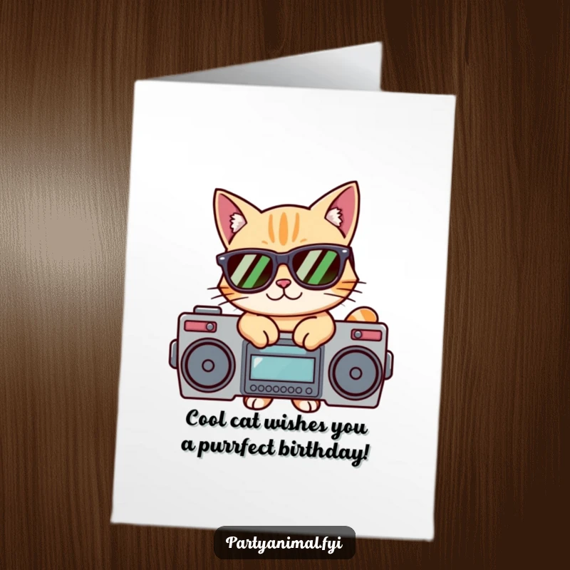 Funny Free Printable Birthday Card: A cat in sunglasses looking super cool, striking a pose on top of a boombox.