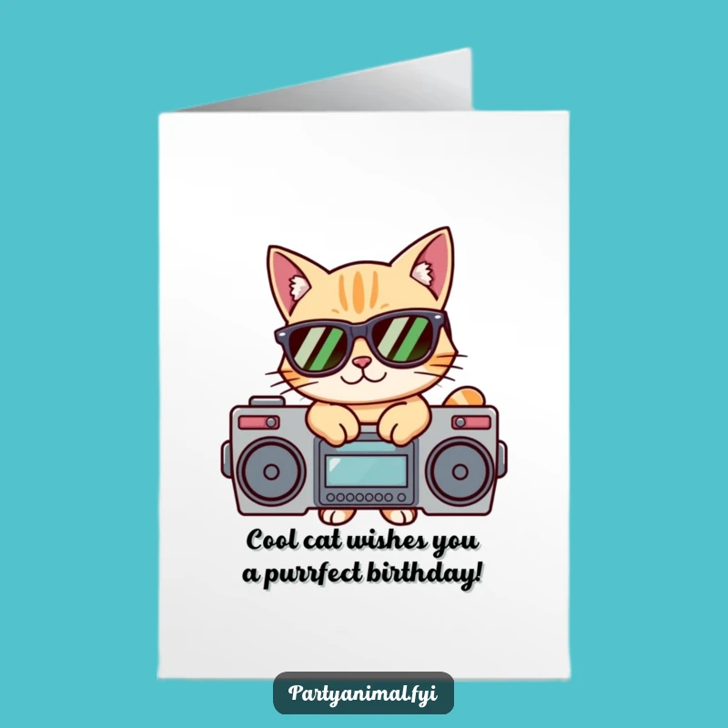 Free Printable Cat Birthday Card: Cool Sunglasses Boombox Downloadable for a Hip Celebration