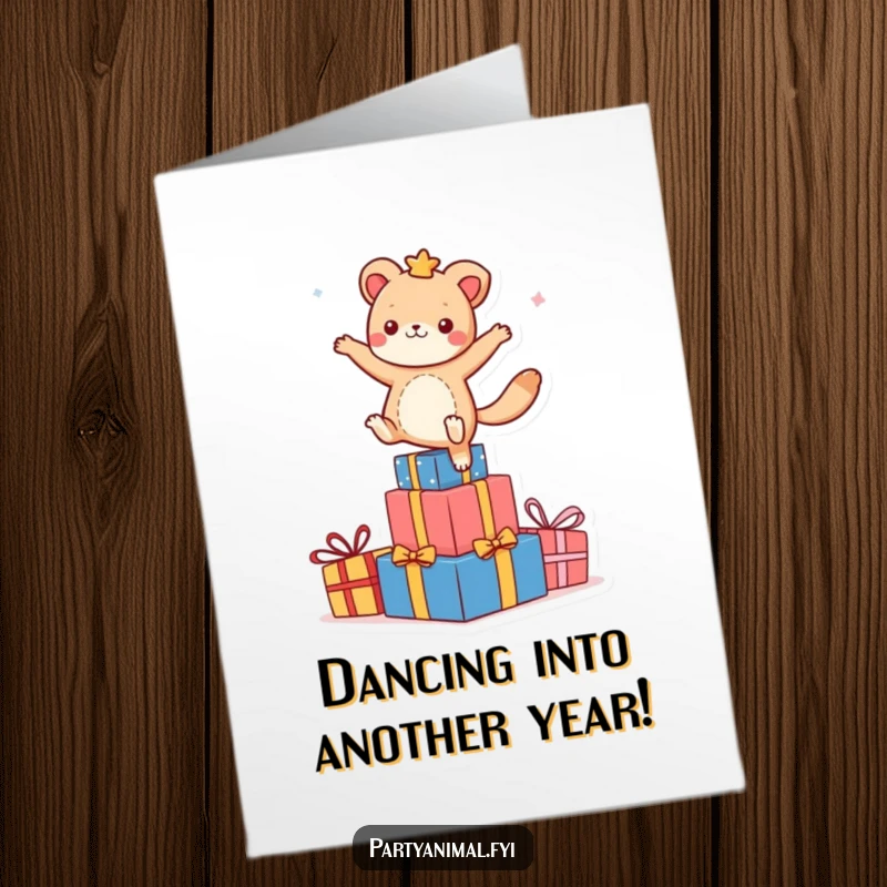 Funny Free Printable Birthday Card: Animal energetically dancing on a tall stack of vibrant presents, perfect for a festive DIY gift.