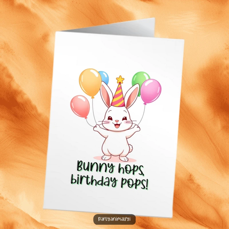 Funny Free Printable Birthday Card: A cute bunny wearing a party hat, happily juggling multiple colorful balloons.