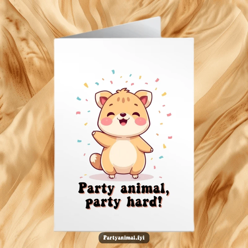 Funny Free Printable Birthday Card featuring a cheerful animal character joyfully juggling colorful confetti, ready to celebrate.