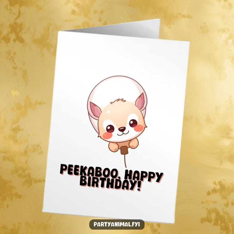 Funny Free Printable Birthday Card: A shy, curious animal character peeks out from behind a colorful balloon, ready for birthday fun.
