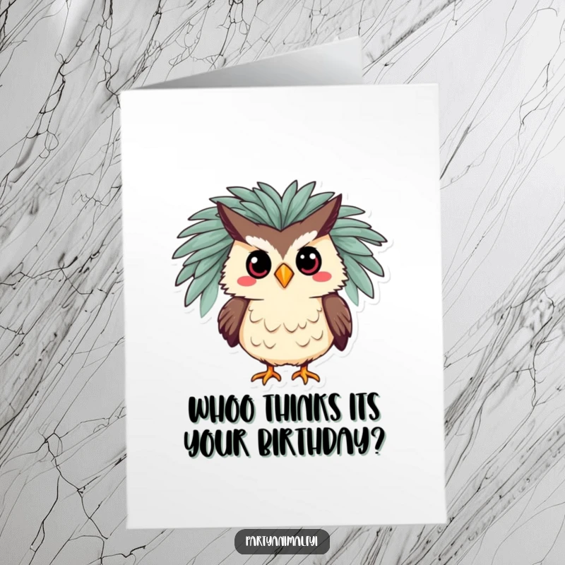 Funny Free Printable birthday card: silly owl wearing a vibrant feathered boa, striking a dramatic pose, celebrating.