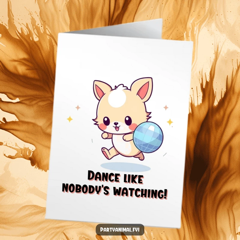 Funny Free Printable Birthday Card featuring a playful animal character gleefully chasing a sparkling disco ball, ready to party.