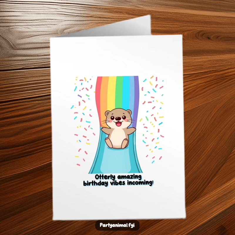 Funny Free Printable birthday card: otter sliding down rainbow confetti slide, pure joy and laughter, instant download.