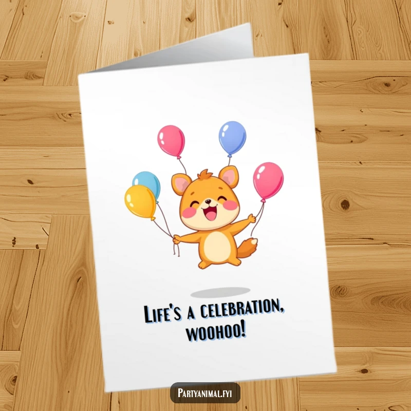 Funny Free Printable Birthday Card: Cute animal character happily juggling colorful balloons, spreading birthday cheer. Downloadable greeting.
