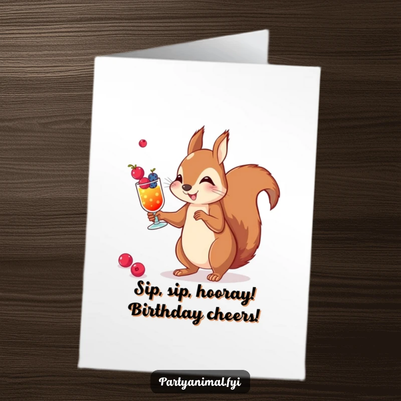 Funny free printable birthday card: a playful squirrel expertly juggles tiny berry cocktails, ready to party.