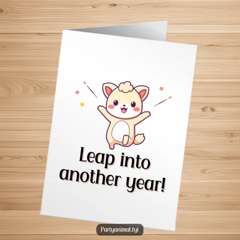 Funny Free Printable Birthday Card showing an excited animal character leaping through the air with streamers flying, capturing pure birthday bliss.