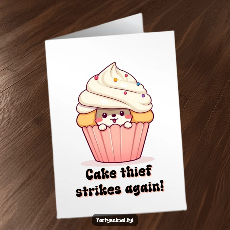 Funny Free Printable Birthday Card: A sly animal peeks mischievously from behind a huge, decadent cupcake, perfect for a sweet DIY gift.