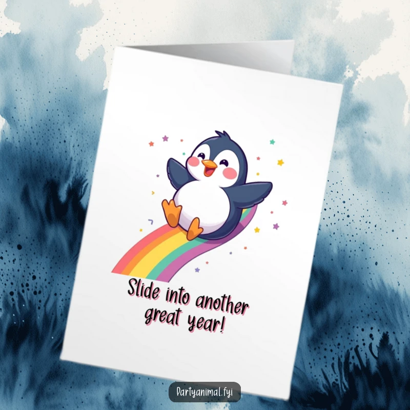 Funny Free Printable Birthday Card: A gleeful penguin joyfully sliding down a vibrant rainbow with a trail of colorful confetti.