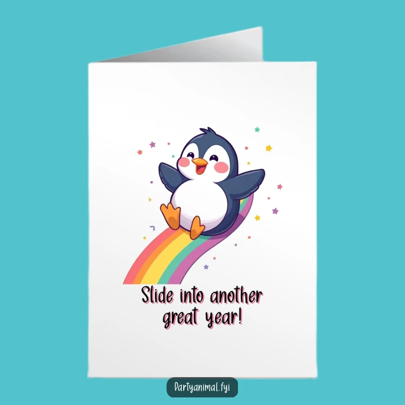 Free Printable Birthday Card: Penguin on Rainbow, Joyful Downloadable Gift for a Spectacular Year