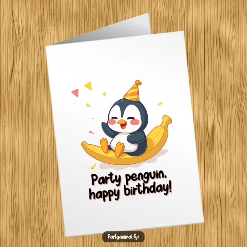 Funny free printable birthday card featuring a giggling penguin character comically sliding on a banana peel at a party.