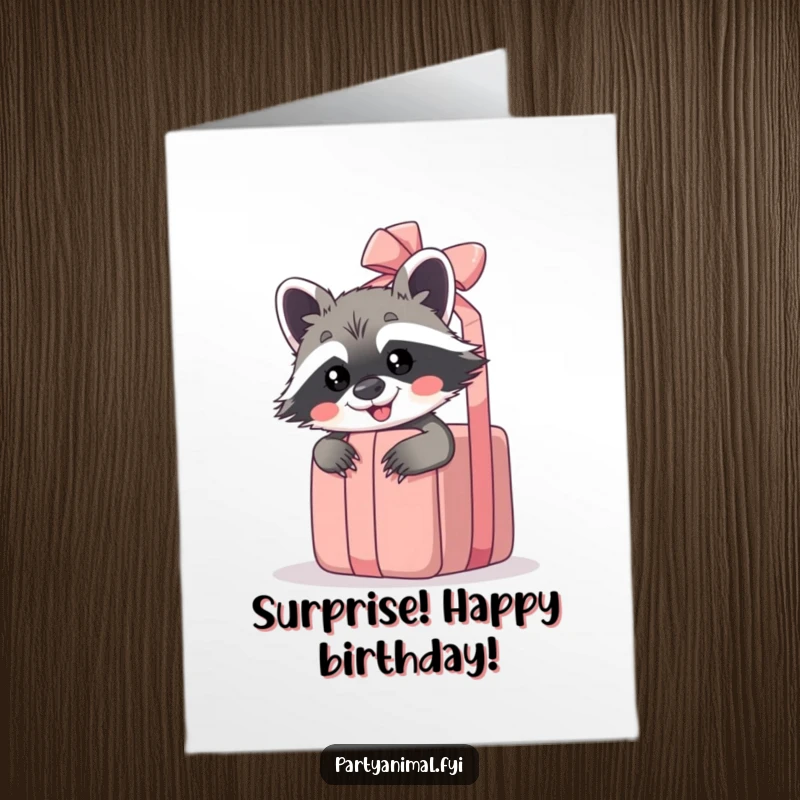Funny Free Printable Birthday Card: Giggling raccoon peeking from behind a giant unwrapped gift, a playful downloadable art surprise.