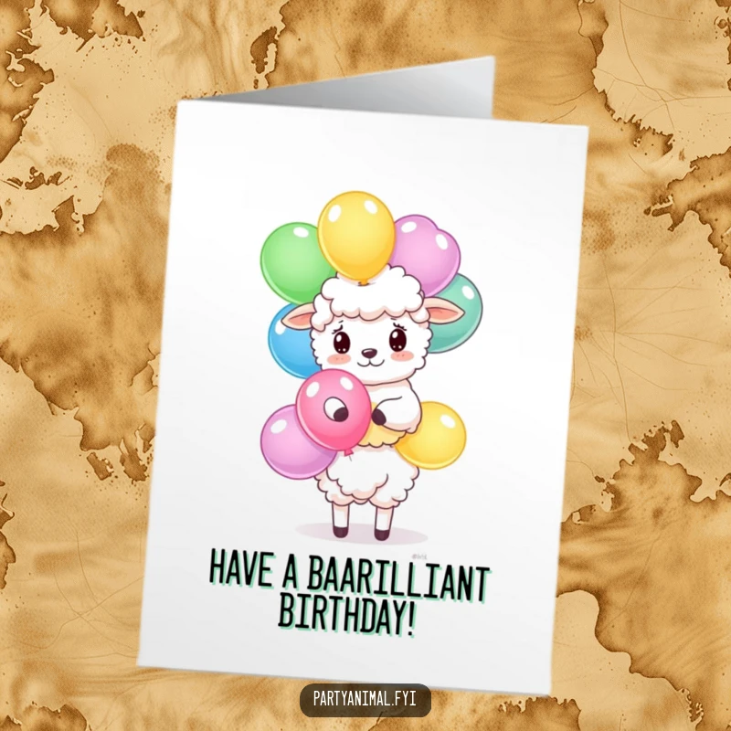 Funny Free Printable Birthday Card: Fluffy sheep precariously balancing colorful balloons, a whimsical downloadable art piece.