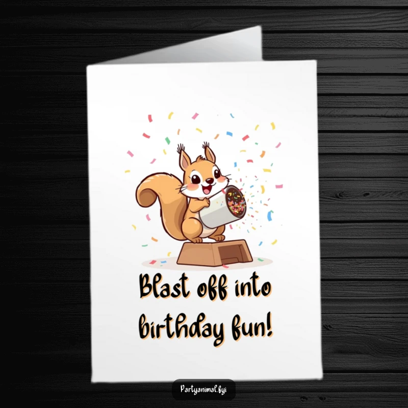 Funny Free Printable Birthday Card: A playful squirrel launching explosively from a giant confetti cannon, showering blessings.