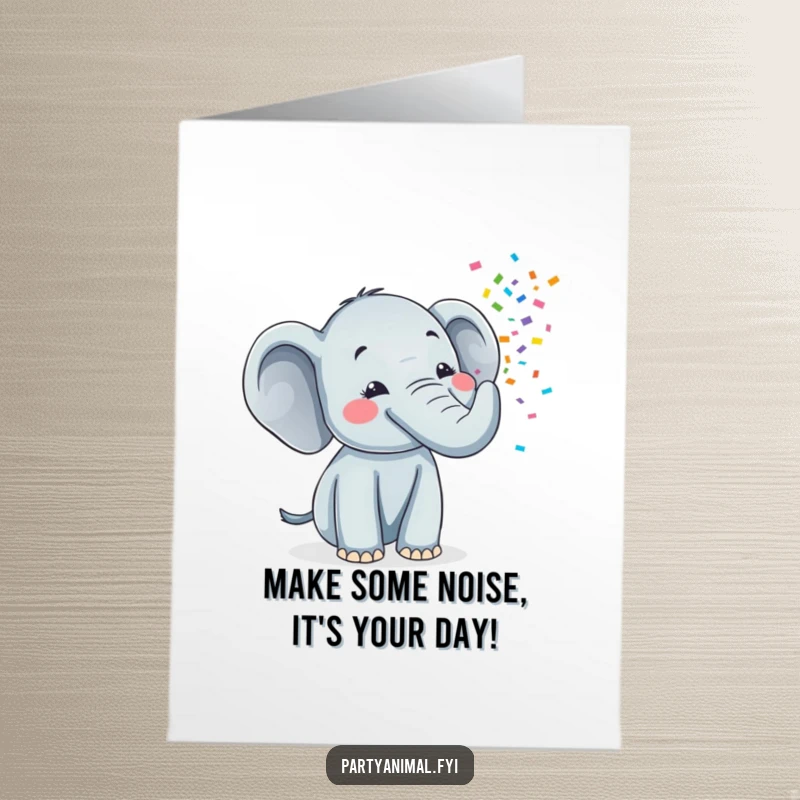 Funny free printable birthday card of a cheerful elephant blowing a stream of colorful confetti from its trunk, wishing a happy celebration.