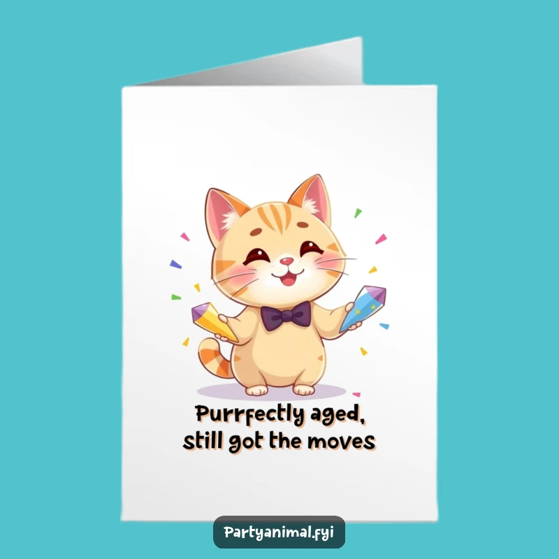 Free Printable Funny Cat Birthday Card: Juggling Bow Tie Cat Downloadable Gift