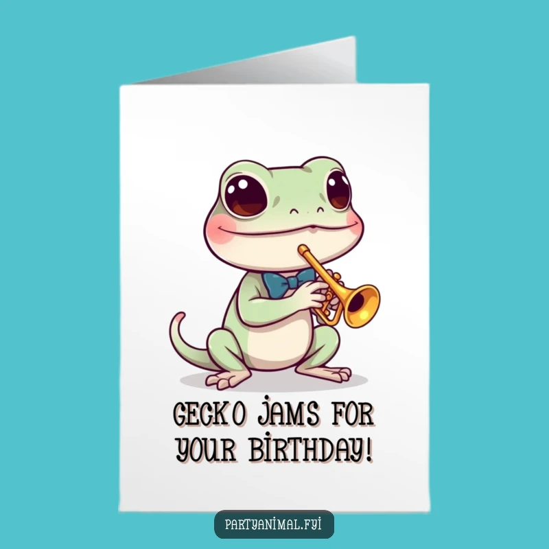 Free Printable Gecko Trumpet Birthday Card: Funny Downloadable Music Gift for Celebs