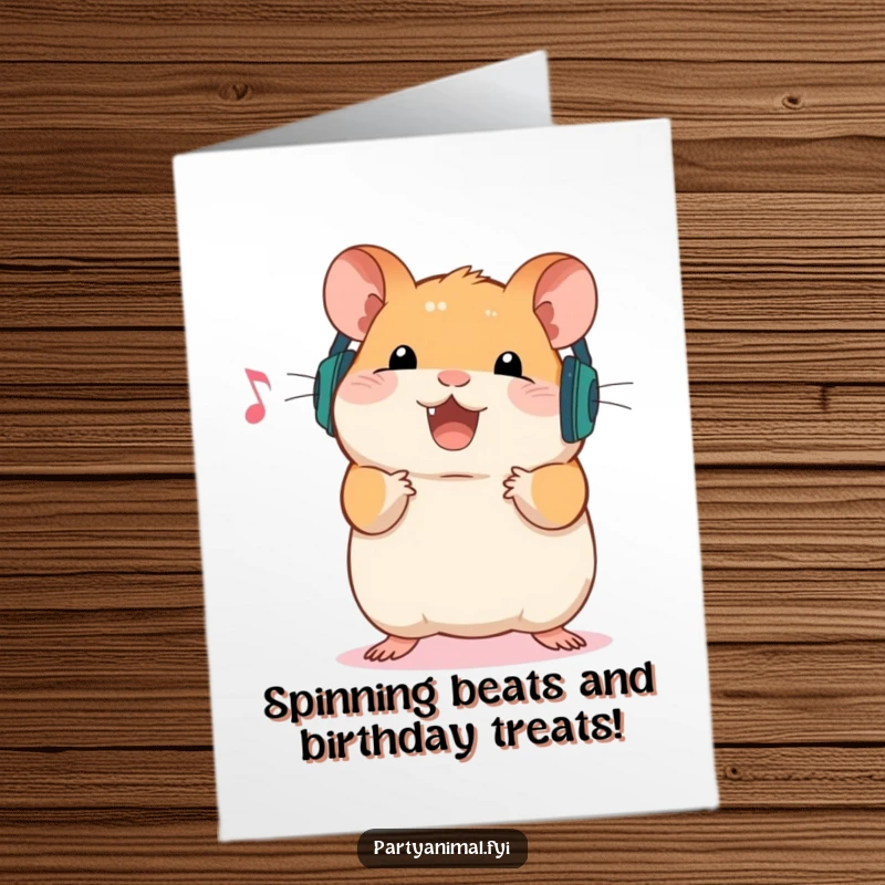 Funny Free Printable Hamster Birthday Card: A happy hamster with tiny headphones bopping to music.