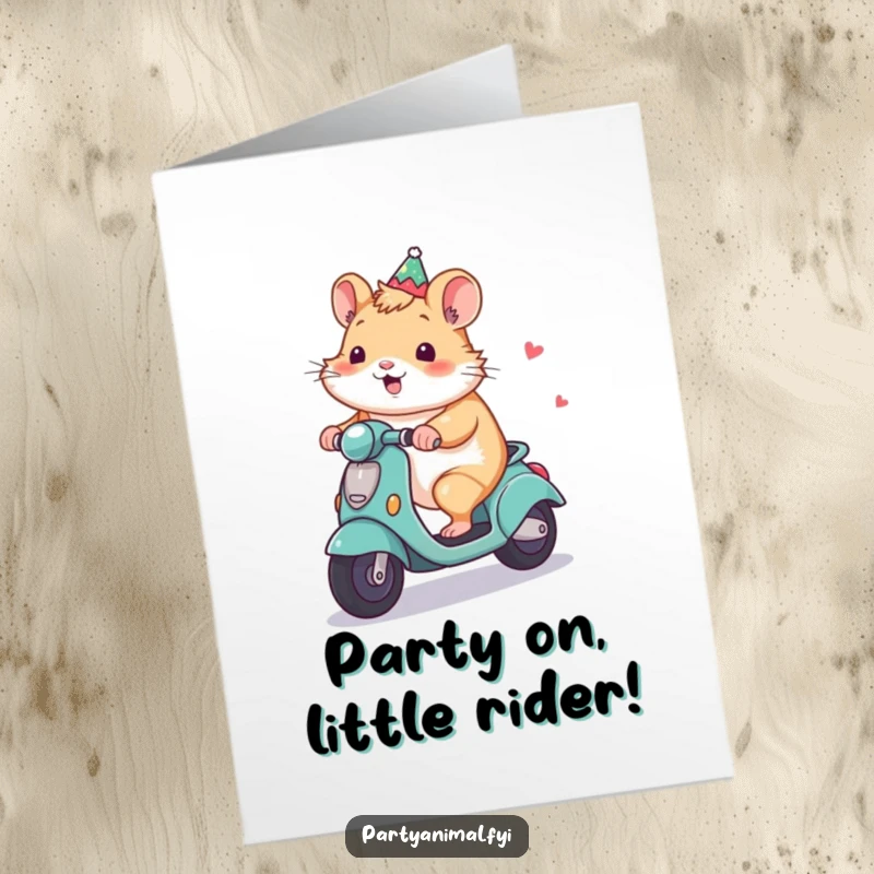 Funny Free Printable Birthday Card showing a smiling hamster expertly riding a tiny, decorated party scooter.