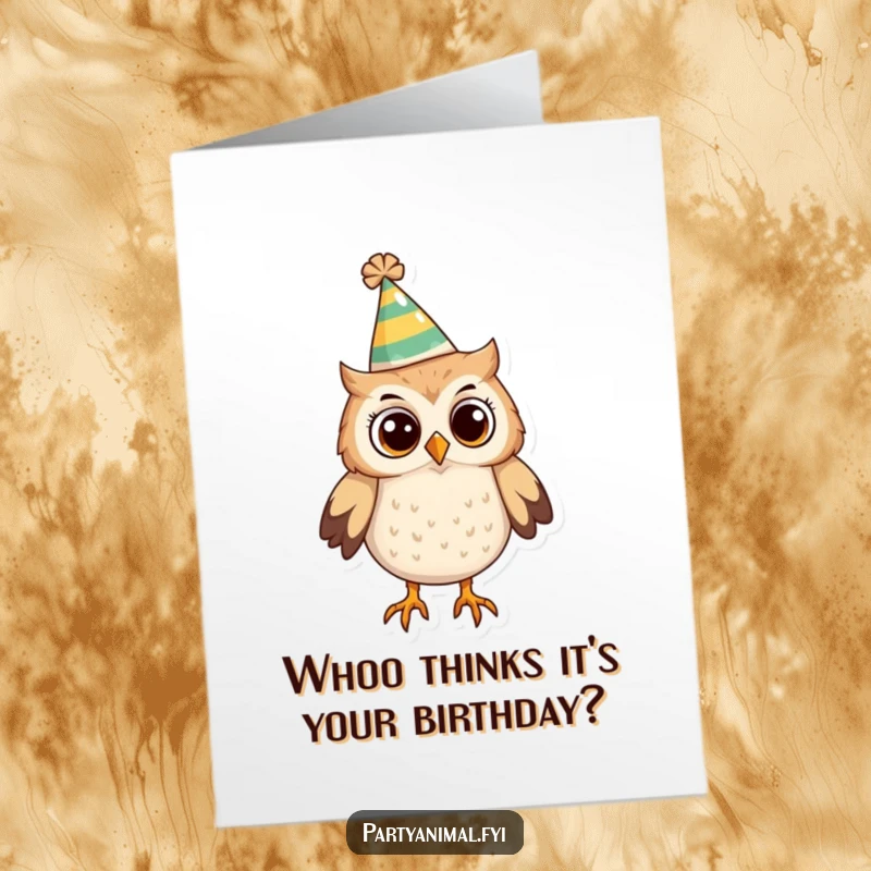 Funny Free Printable Birthday Card depicting a curious owl character sporting a silly party hat and looking around.