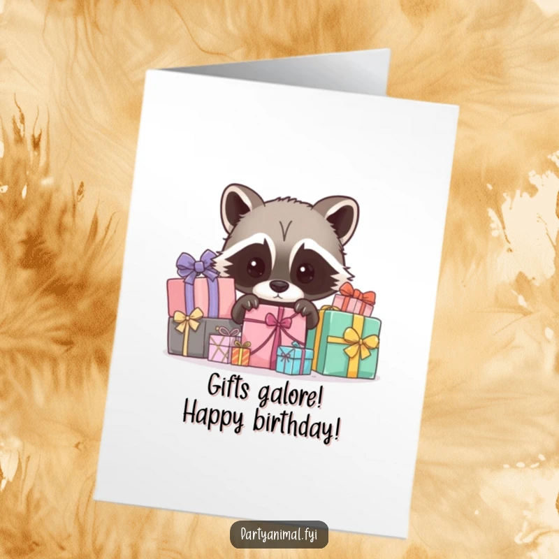 Funny Free Printable Birthday Card: A curious raccoon peeks out from behind a large pile of brightly wrapped gifts.